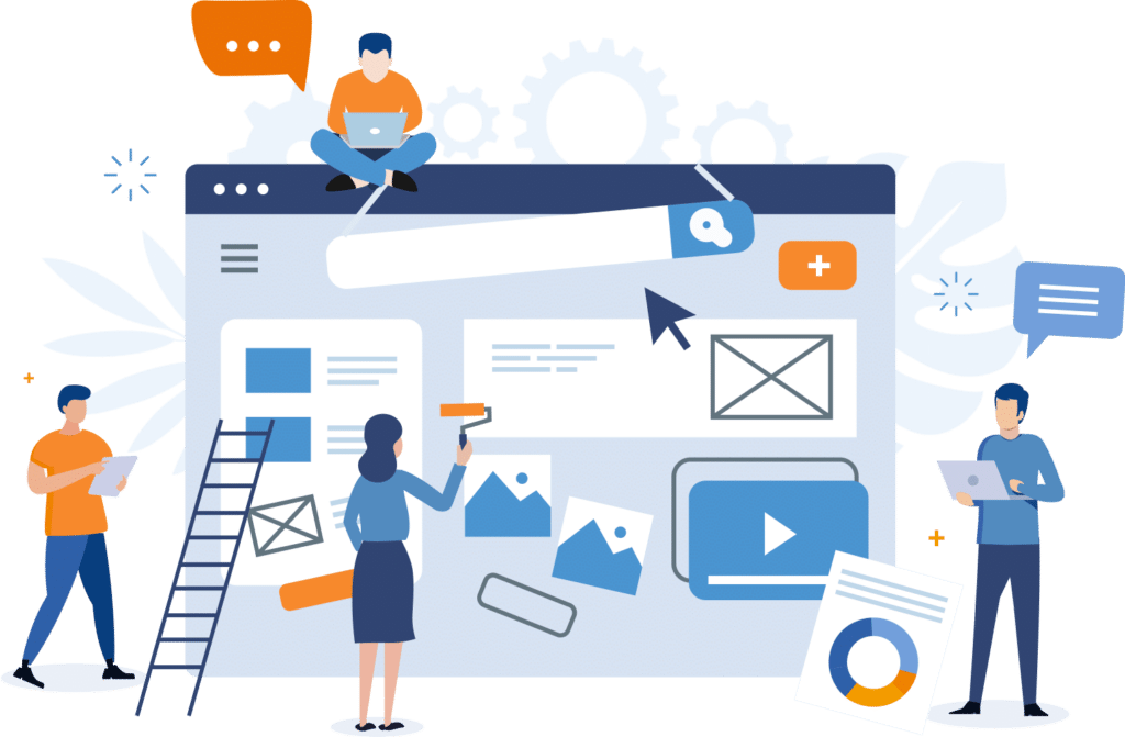 Illustration of people customizing a webpage with tools