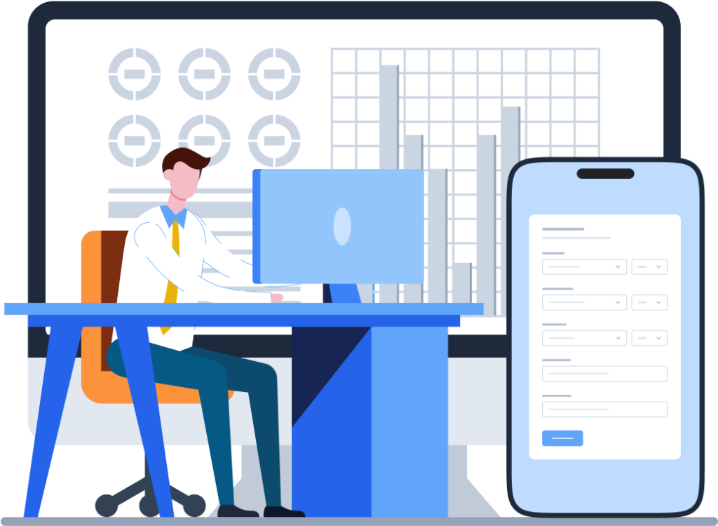 Data analyst working with charts and mobile app development